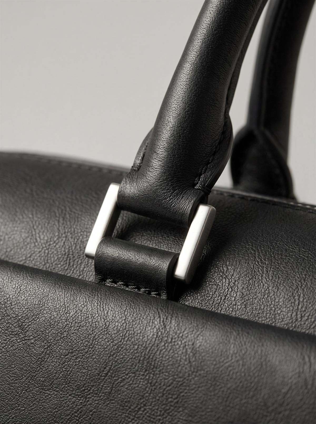 Close detail of a rolled leather handle passing through a brushed steel keeper, stitched down to the body panel.