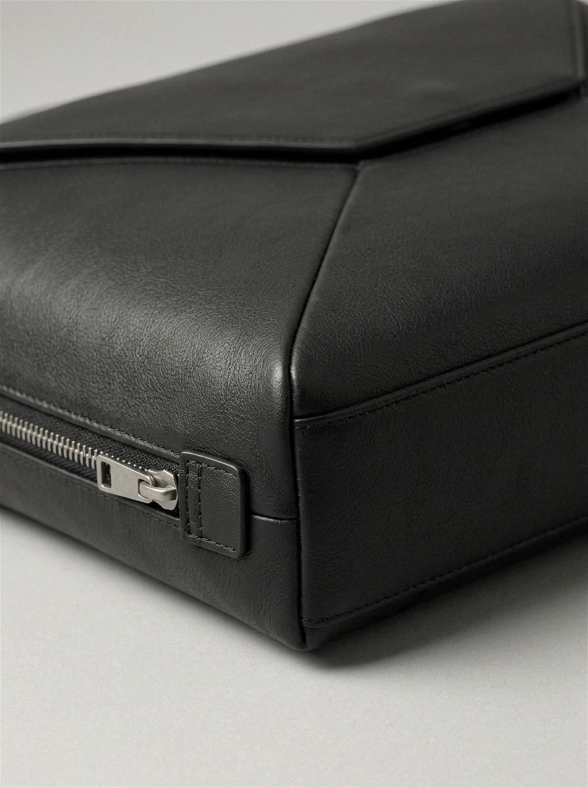 Close detail of a folded corner where three facets meet, with the zip terminating in a leather garage just below.